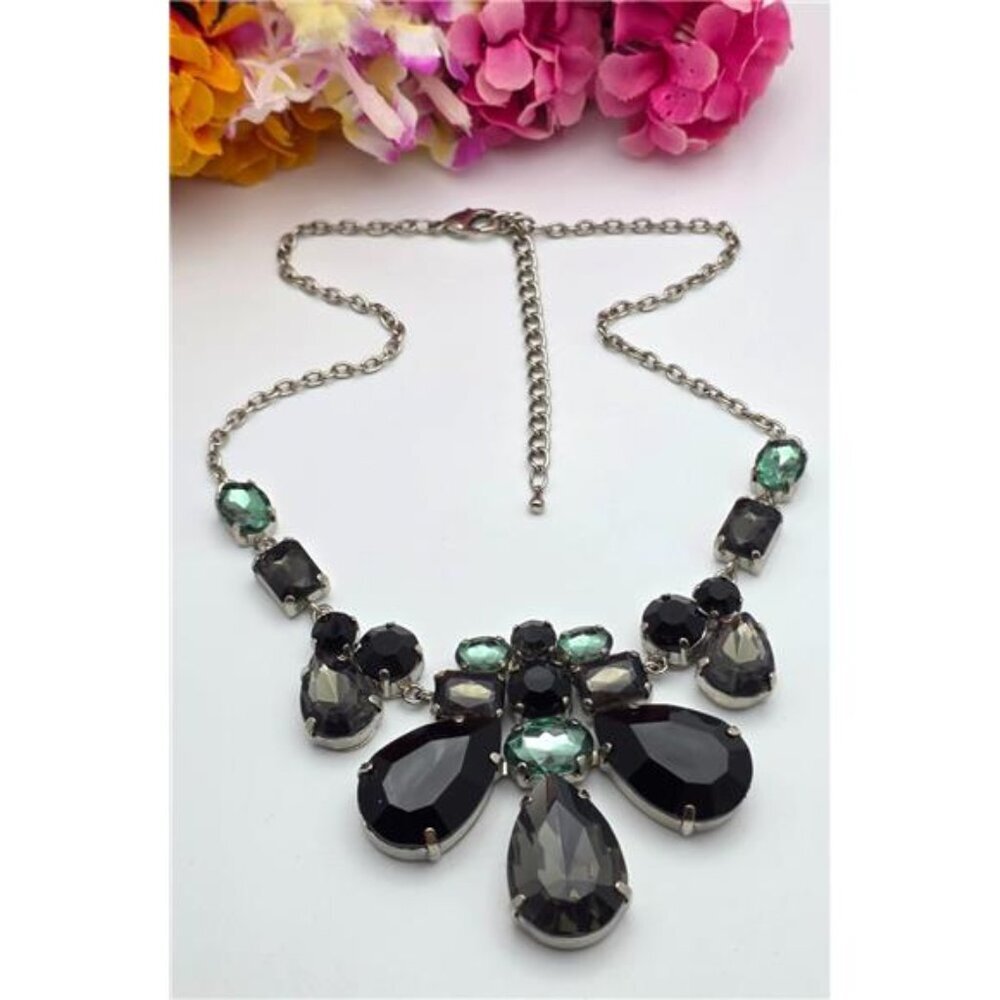 Silver Tone Bib Necklace Black Green Crystal Floral Teardrop Chandelier 19"